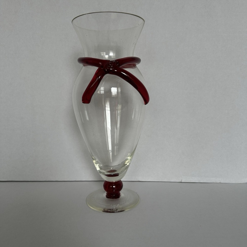 Vintage ArtGlass Hand Blown Clear Glass 11" Vase with Red Ribbon Accent